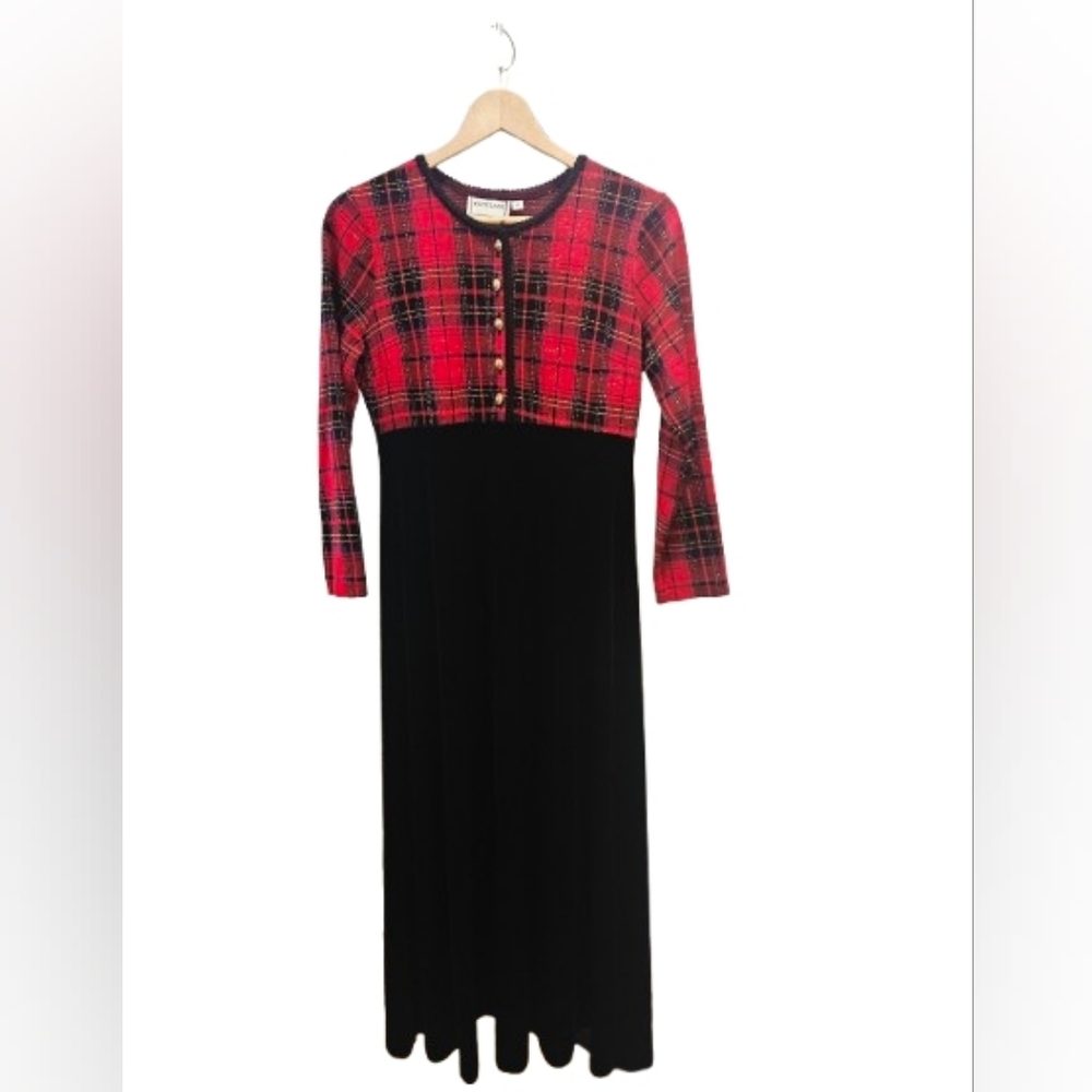 NWT Vintage 90s Red Black Tartan Plaid Velvet Maxi Dress USA Size 6 Cottagecore